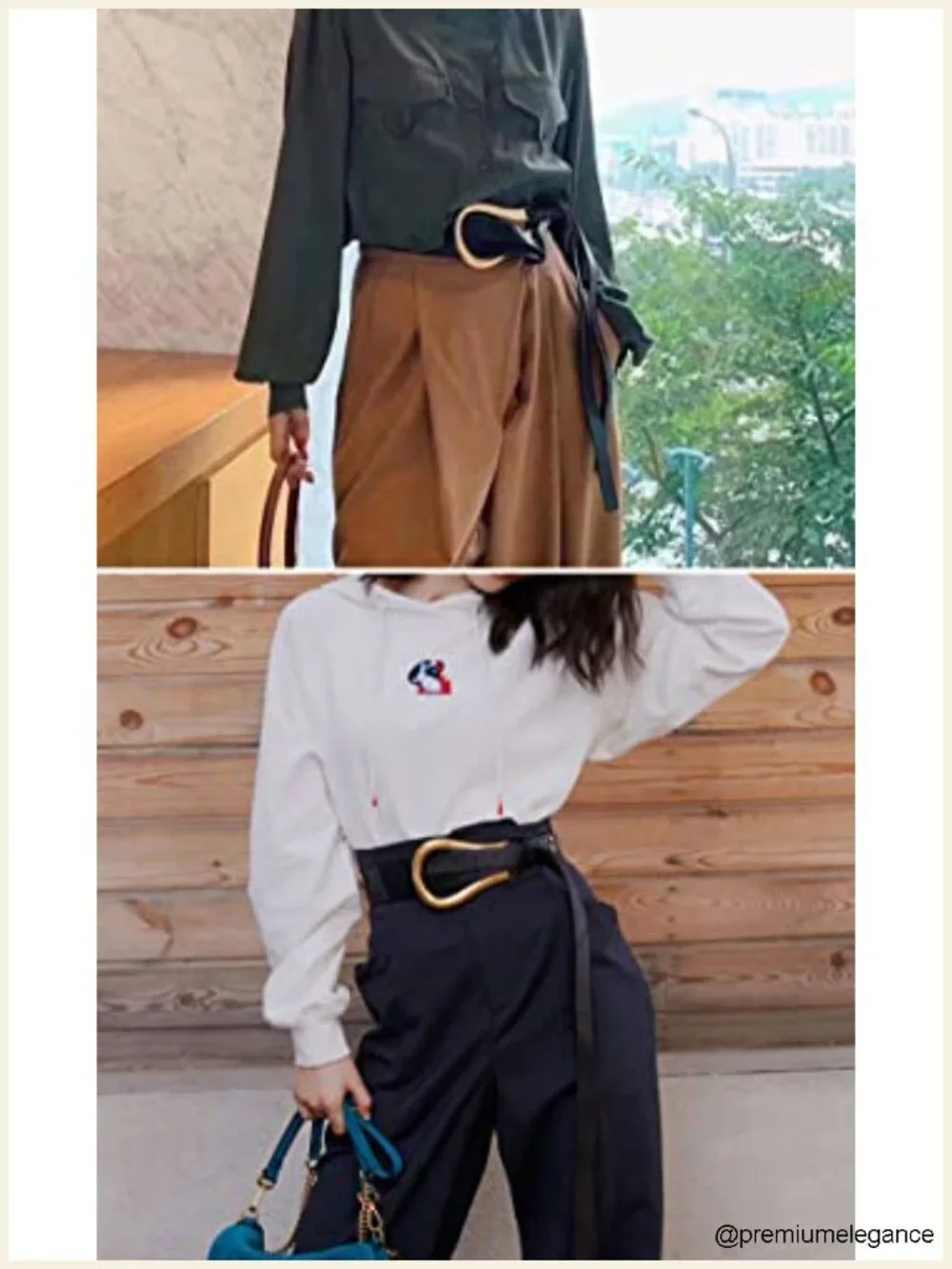 Women PU Leather Double Strap Waist Belt with Gold Buckle